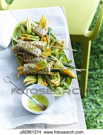 Picture - Kingfish skewers with zucchini. Fotosearch