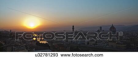 Stock Image - Panoramic cityscape at sunset, Florence, Tuscany, Italy. Fotosearch