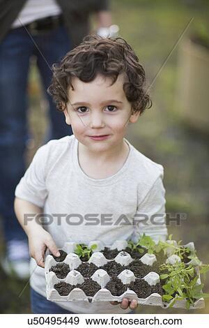 Portrait of boy holding egg carton and plants in garden View Large Photo Image Stock Photo - Portrait of boy holding egg carton and plants in garden. Fotosearch