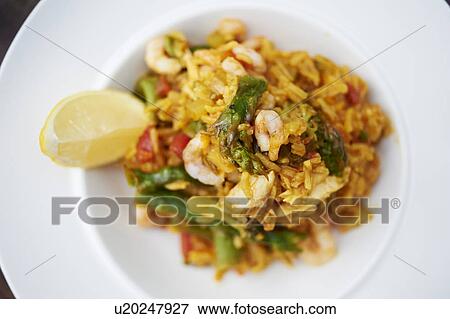 Prawn and asparagus dish, close up View Large Photo Image Stock Photo - Prawn and asparagus dish, close up. Fotosearch