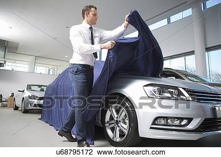 Stock Image - Salesman uncovering new car in car dealership. Fotosearch