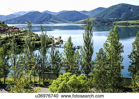 Stock Image - View of reservoir and mountains, Riano, Leon, Spain. Fotosearch