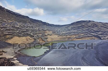 Picture - Volcanic landscape with lake, Lanzarote, Canary Islands, Spain. Fotosearch