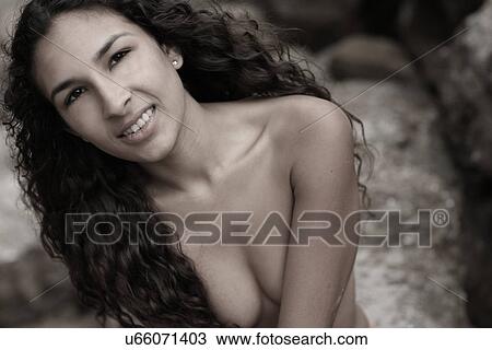 Stock Image - Black and white of topless woman. Fotosearch