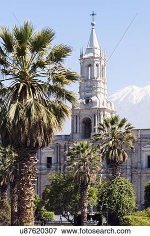 Stock Photo - Basilica Cathedral of Arequipa and El Misti Volcano. Fotosearch