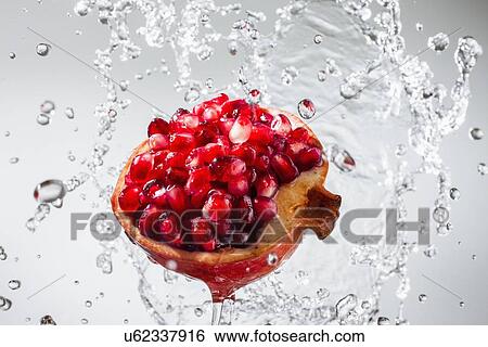 Droplets splashing on pomegranate View Large Photo Image Stock Photograph - Droplets splashing on pomegranate. Fotosearch