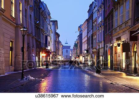 Dusk view of Florianska Street View Large Photo Image Stock Photo - Dusk view of Florianska Street. Fotosearch