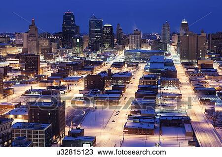 Stock Image - Elevated view of city in winter. Fotosearch