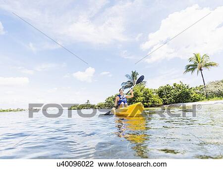 Stock Image - Woman kayaking. Fotosearch