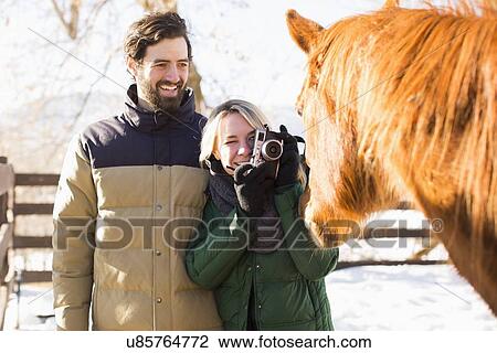 Young couple photographing horse View Large Photo Image Stock Image - Young couple photographing horse. Fotosearch
