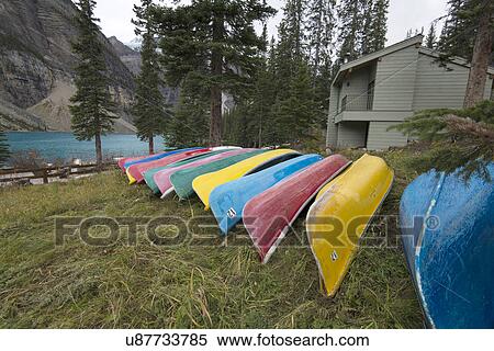 Canoes at Lake Moraine View Large Photo Image Stock Photography - Canoes at Lake Moraine. Fotosearch