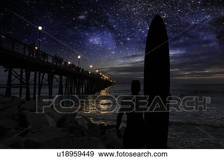 Man carrying a surfboard by the ocean under a starry night sky View Large Photo Image Stock Photo - Man carrying a surfboard by the ocean under a starry night sky. Fotosearch