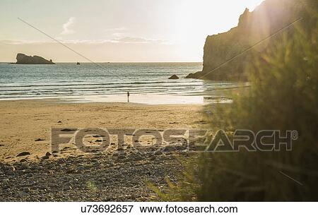 Stock Photo - Distant view of male teenage surfer walking toward sea, Camaret-sur-mer, Brittany, France. Fotosearch