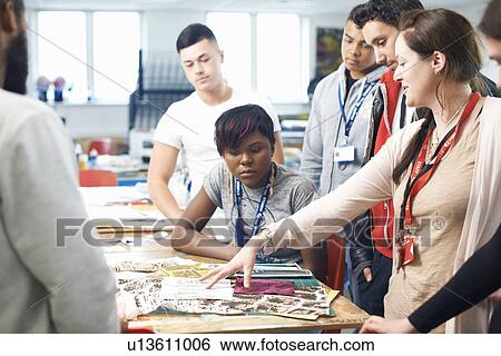 Female lecturer presenting to group of students in textile class View Large Photo Image Stock Photograph - Female lecturer presenting to group of students in textile class. Fotosearch