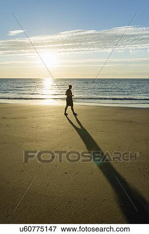 Stock Photo - Mid adult woman strolling on beach at sunset, Westkapelle, Zeeland, Netherlands. Fotosearch
