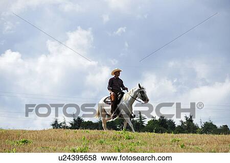 Stock Photo - Young man in cowboy gear trotting on horse in field. Fotosearch