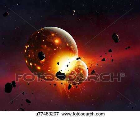 Stock Illustration - Artwork of the early Earth-Moon system. Fotosearch