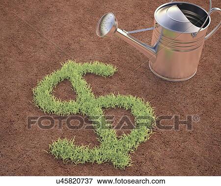 Dollar sign and watering can, artwork View Large Illustration Stock Illustration - Dollar sign and watering can, artwork. Fotosearch