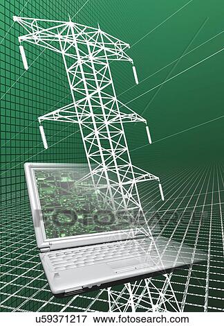 Stock Illustration - Power lines and laptop. Fotosearch