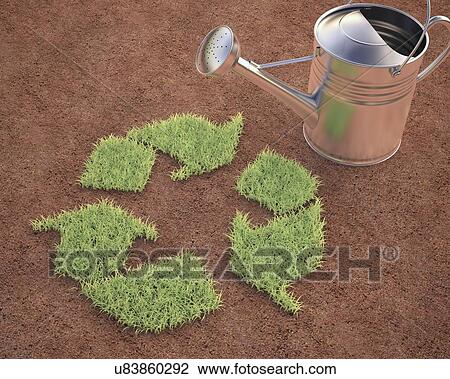 Drawing - Recycling symbol and watering can. Fotosearch