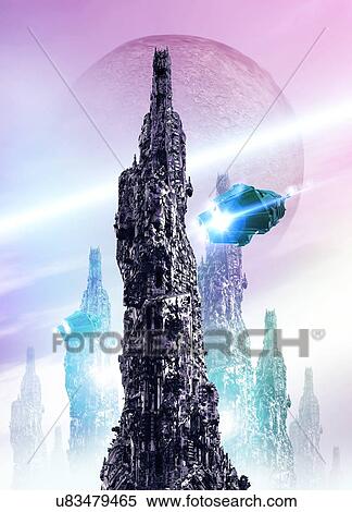 Space craft and cityscape View Large Illustration Stock Illustration - Space craft and cityscape. Fotosearch