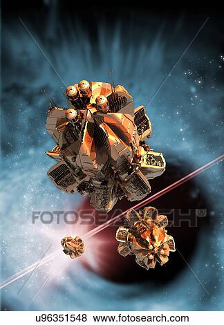 Stock Illustration - Spaceships entering a worm hole. Fotosearch