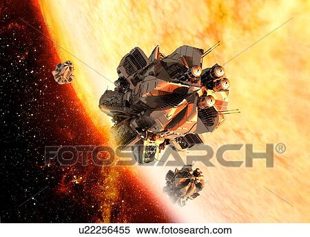Spaceships near the sun View Large Illustration Stock Illustration - Spaceships near the sun. Fotosearch