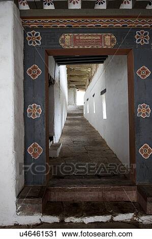 Stock Image - Architectural detail of a doorway at Trongsa Dzong, Trongsa, Bhutan. Fotosearch