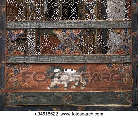 Stock Image - Architectural details of window of Kyichu Lhakhang, Lamgong Gewog, Paro Valley, Paro District, Bhutan. Fotosearch