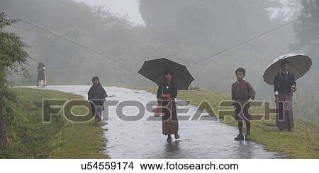 Picture - Bhutanese school children with umbrellas, Bhutan. Fotosearch