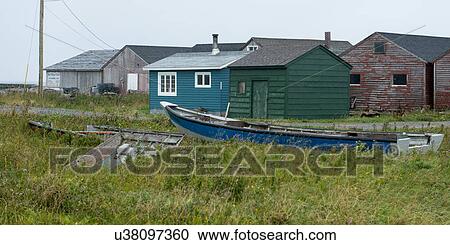 Stock Image - Buildings at fishing village, Sally's Cove, Gros Morne National Park, Newfoundland and Labrador, Canada. Fotosearch