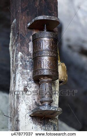 Stock Photo - Close-up of a prayer wheel, Bhutan. Fotosearch