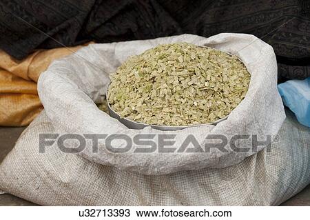 Stock Image - Close-up of a sack of rice flakes, Khuruthang, Punakha District, Bhutan. Fotosearch
