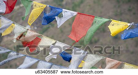 Stock Photo - Close-up of Buddhist prayer flags in Buddha Dordenma, Thimphu, Bhutan. Fotosearch