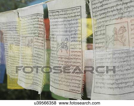 Stock Photo - Close-up of prayer flags at Tango Goemba, Thimphu, Bhutan. Fotosearch