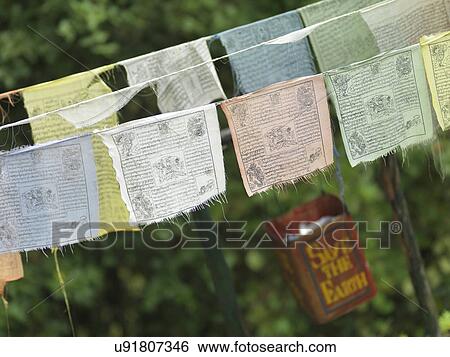 Stock Photograph - Close-up of prayer flags, Tango Goemba, Thimphu, Bhutan. Fotosearch