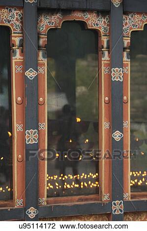 Stock Image - Detail of a window, National Memorial Chorten, Thimphu, Bhutan. Fotosearch