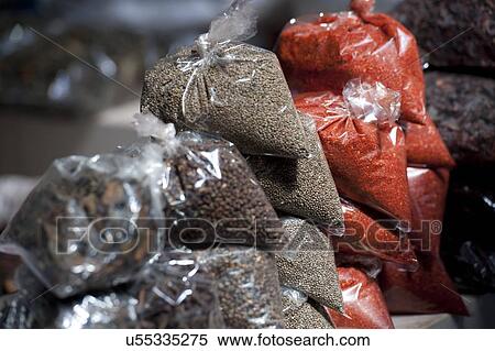 Stock Photography - Display of spices in a market, Thimphu, Bhutan. Fotosearch