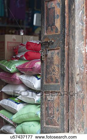 Stock Photo - Doorway of a shop, Bhutan. Fotosearch