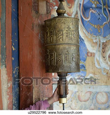 Stock Photograph - Hand prayer wheel at Gangte Goemba Monastery, Phobjikha Valley,. Fotosearch
