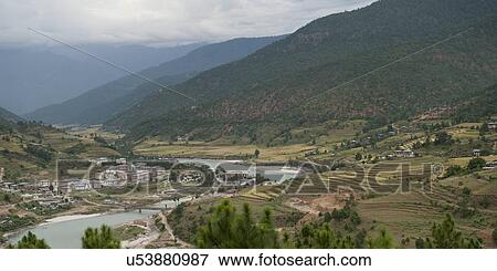 Stock Photo - High angle view of Punak Tsang Chhu River, Punakha Valley, Punakha District, Bhutan. Fotosearch