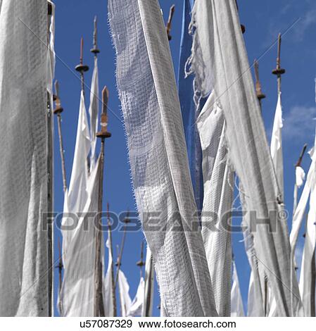 Stock Photo - Low angle view of prayer flags, Bhutan. Fotosearch