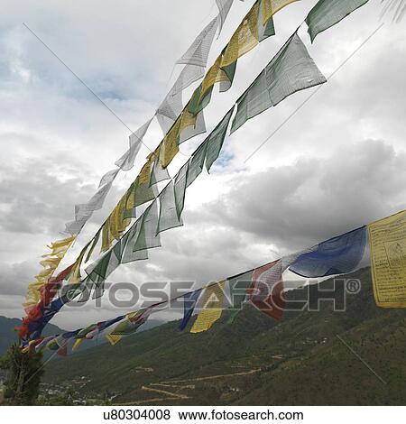 Stock Photo - Low angle view of prayer flags, Kuensel Phodrang, Thimphu District, Bhutan. Fotosearch