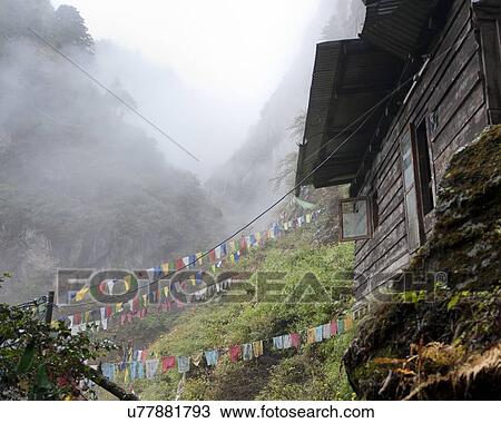 Stock Image - Low angle view of Taktsang Monastery, Paro Valley, Paro District, Bhutan. Fotosearch