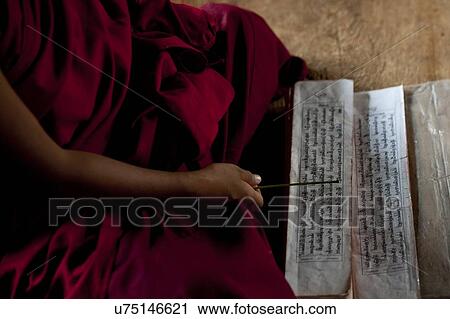 Stock Image - Monk reading a prayer book at Chimi Lhakhang, Punakha District, Bhutan. Fotosearch