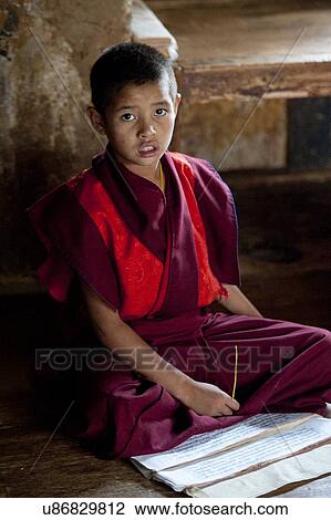 Stock Image - Monk studying at Chimi Lhakhang, Punakha District, Bhutan. Fotosearch