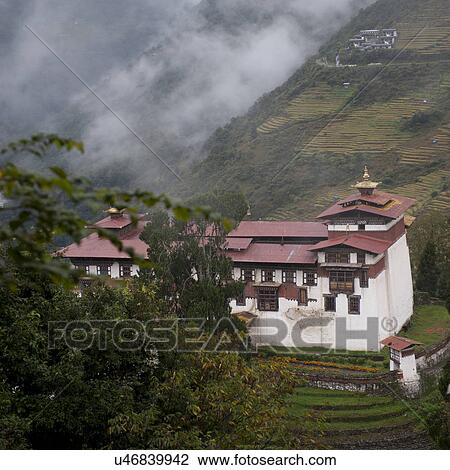Stock Image - Overview of Trongsa Dzong in Trongsa District. Fotosearch