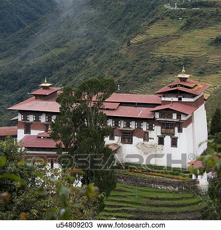 Stock Image - Overview of Trongsa Dzong in Trongsa District. Fotosearch