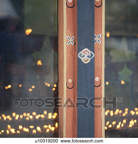 Stock Image - Painted exterior at the National Memorial Chortan in Bhutan, Asia. Fotosearch