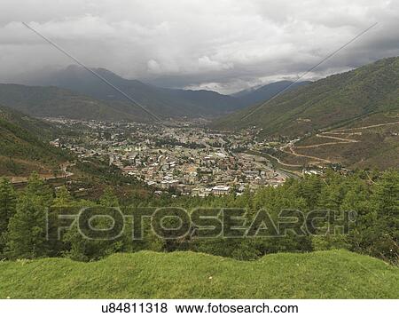 Panoramic view of a cityscape, Thimphu, Bhutan View Large Photo Image Stock Photo - Panoramic view of a cityscape, Thimphu, Bhutan. Fotosearch